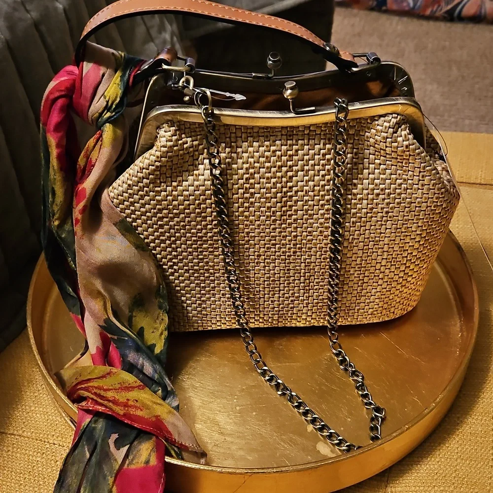 Patricia Nash Beige Woven Mini Bag with Multicolor Scarf Accent - Picture 8 of 8